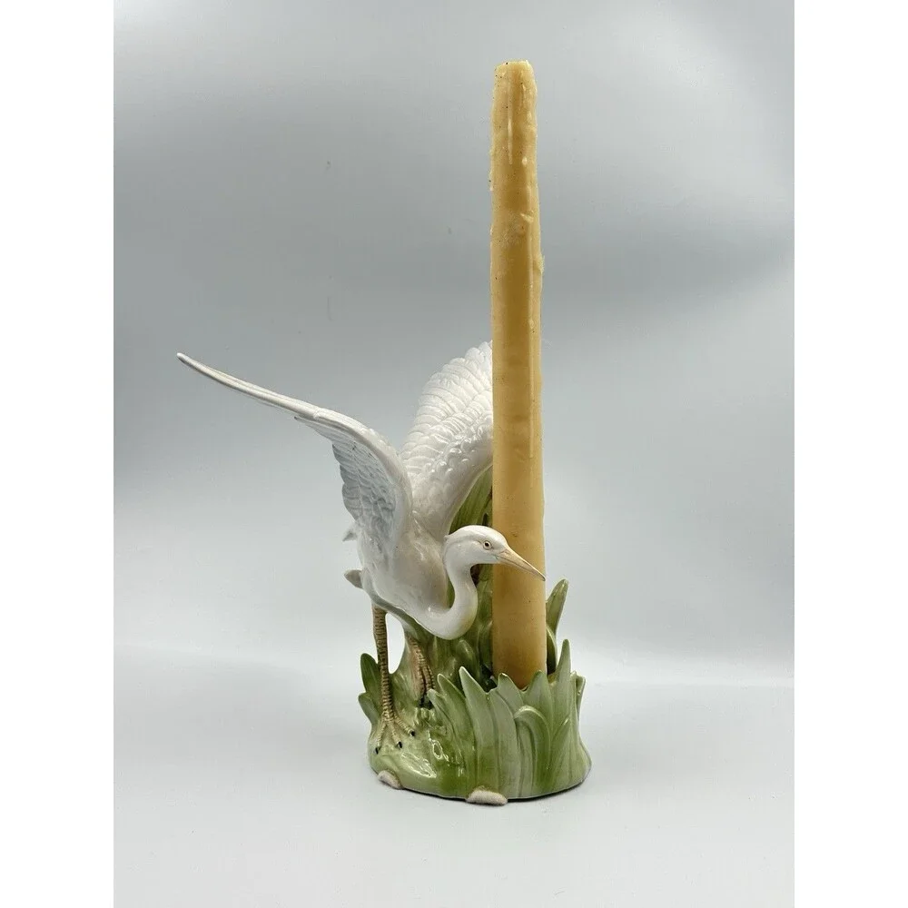 Vintage Fitz & Floyd Egret Heron Candleholder 1986 Porcelain Reeds & Cattails
